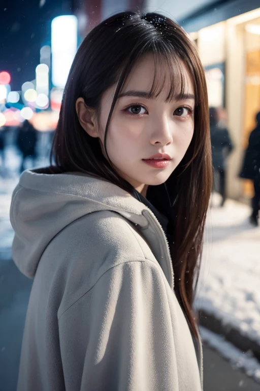  1 girl, (Wear a platinum coat:1.2), (RAW Photos, Best Quality), (Realistic,  photoreal:1.4), Tabletop,  very delicate and beautiful,  very detailed, 2k wallpaper, wonderful, finely,  very detailed CG Unity 8K 壁紙, Super detailed,  High Resolution , Soft light,  unbelievably absurd ,  very detailed目と顔,   beautiful detailed nose , Delicate and beautiful eyes , Cinema Lighting, Lighting up the city on a snowy night, Snow Scene, that&#39; it's snowing, Snow in your hair,  Perfect Anatomy, Slender body, I was nervous., 
Straight long hair, bangs,  Stares at Viewers , A faint smile