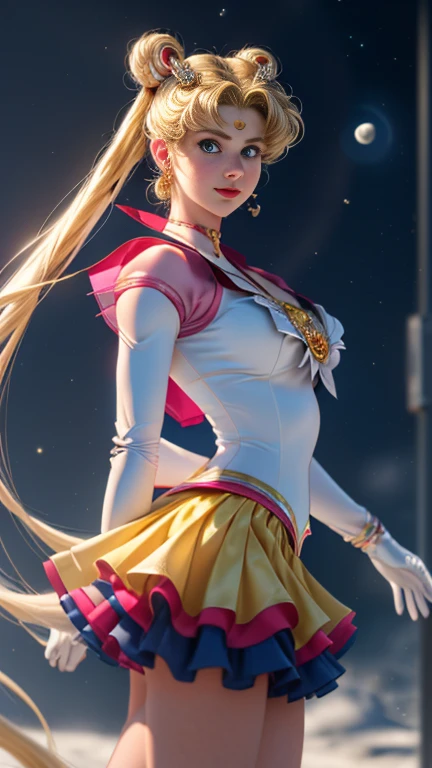  masterpiece , : 1.3, standing, 8K, 3D, actual, Ultra-micro shots, quality, Extreme Detail CG Unity 8K Wallpapers, from below,  complicated details , (1 female), 1, (Sailor Moon supersailor moon mer1, tiara crown, Sailor Soldier Sailor Suit: 1.2, The moon marinera: 1.2), Incredibly long bright blonde ponytails, delgado and long straight twin ponytail blond hair, hair bun, Red and round bow-shaped hair accessories, warrior sailor suit, (blue collar, blue sailor collar , Pre-door blue miniskirt: 1.3, There is a big red bow on the chest.: 1.3, Guantes longs de látex blancos: 1.3, Elbow colored gloves, There is a big red bow on the back of the waist.: 1.1, It looks big, golden tocado, Details of the earrings: 1.5,  bright blue eyes ,  pretty face , beautiful eyes, bright eyes, thin lips: 1.5, delgado, pale, pointed eyebrows, long,  black eyelashes , double eyelashes), Luxury gold jewelry, delgado, Slim and muscular, Miserable shape, ,  perfect proportions , big breasts slim waist, Sexy model pose, Visible Pore, lustful smile, perfect hands: 1.5, Traje de baño standingrnas altas, Very thin and tight, High-gloss white holographic leather, octaneratingrendering, very dramatic image, intense natural light, sun rays, Exquisite lighting and shadows, dynamic angle, SLR camera,  sharp focus : 1.0,  Maximum definition and sharpness , (space backdrop, Moonlight rays, The moon, Dynamic background, detailed background)