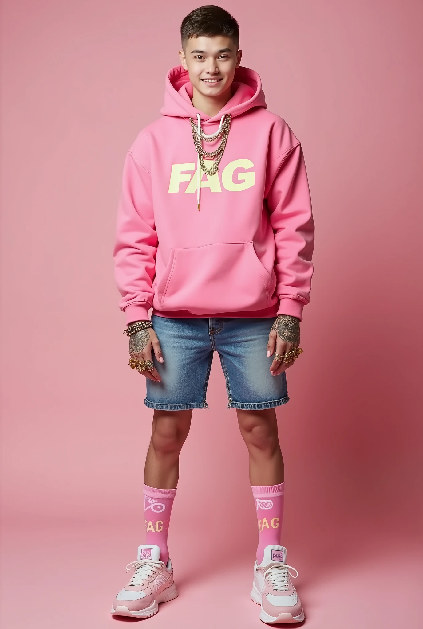 realistic photo, full length view, of a  fashion fag white guy with short clean undercut fashion styled haircut ,  golden teeth, wearing  pink  'FAG' big  logo socks,  Balenciaga chuunky sneakers, pink 'FAG' hoodies, denim shorts, lots of rings, bracelets, necklaces, happy, posing, looking arrogant. 'FAG' big logo pink socks and golden teeth must be seen