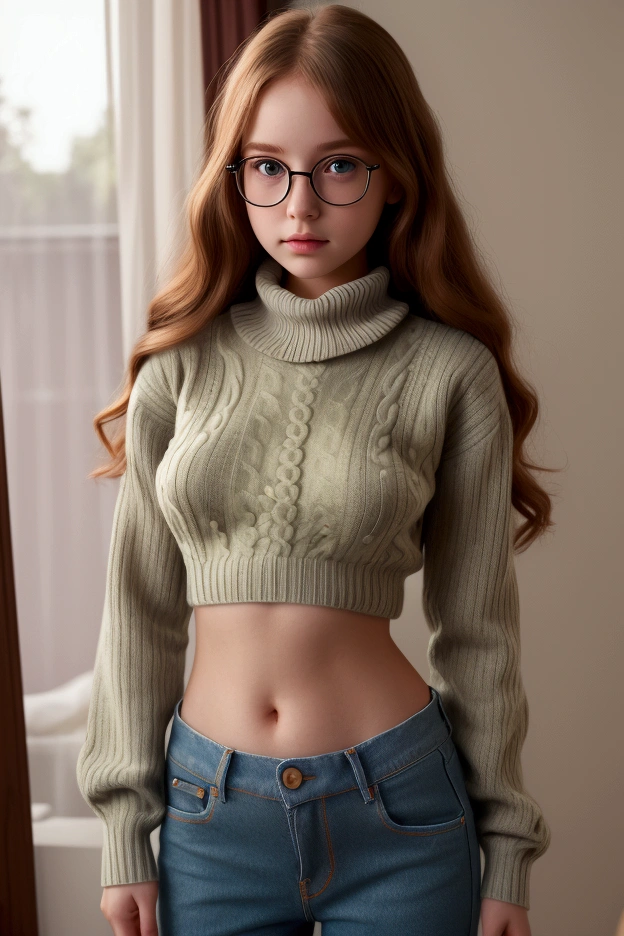  The best quality ,  ultra high resolution, photorealistic,  A perfectly detailed photograph, 8K, of a girl,  Cute girl, , very young, from school,  full body, flat stomach, narrow waist,  big breasts , detailed face, (pureerosface_v1:0.008), detailed eyes, detailed lips,  Alice in Wonderland  , s, Redhead, wavy hair, glasses, green eyes, Naked, teen room , without makeup, (high collar wool sweater), (wide leg jeans )