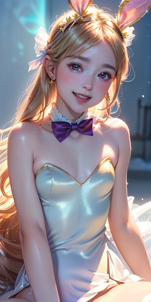 masterpiece, best quality, extremely detailed CG unity 8k wallpaper,((Upper Body)) ,((Upper Body head close-up shot of a beautiful loli little girl)), , Elegant Long straight blonde hair, (Mckenna Grace), ((flat ?????,thighs,Autoluminescence skin)),Transparent (red-green) golden (Glittering tutu,long Bunny Ear Headgear, , Bow-tie, No panties, ???????? visible), ((???????????)),(), (Blush), , (seductive smile), (A world of ice and snow), pretty face, key art, award winning, intricate detail realism hdr, by (ruan jia and artgerm and range murata), Photorealism, Hyperrealism, ultra realistic, dramatic light, intense shadows, gorgeous view, depth of field