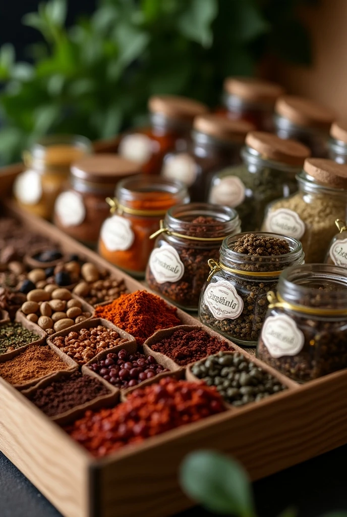 Gourment Collection, ((masterpiece, highest quality, Highest image quality, High resolution, photorealistic, Raw photo, Extremely detailed CG unified 8k wallpaper)), Jars of various types of spices are arranged in a box as a set,