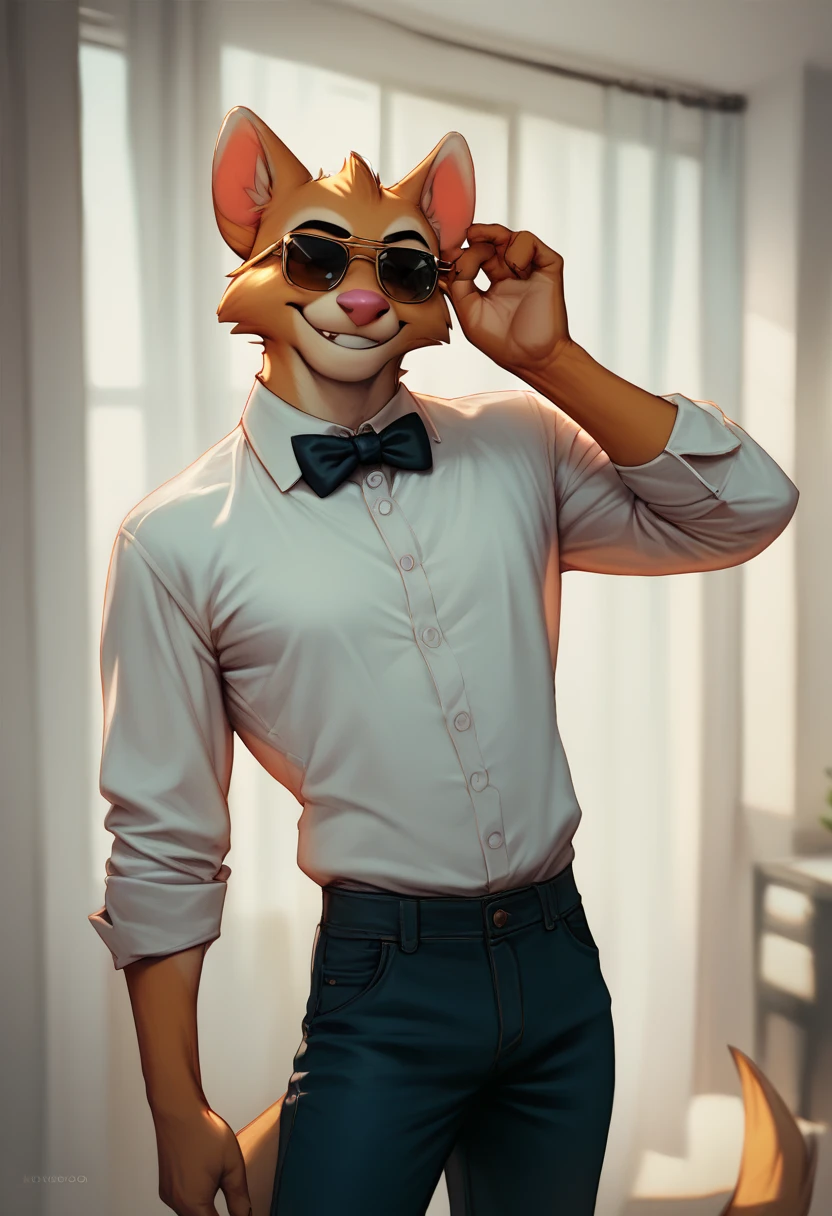 foreground ,Artistic, from a: man, Alone, furry, antromorfo, zorro, masculine, ADULT FACE,  Abdominals , with hairstyle (Pompadour),.. attire: Open white shirt,  dress pants Black, Black bow tie, and some sunglasses,.. bottom: Set, photo shoot, single white room,.. pose: Adjusting his glasses, (cara lateral, ladeado), smiling at the camera.