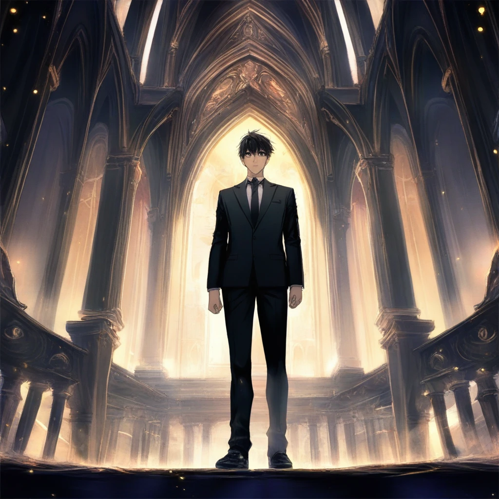 masterpiece, best quality, \n1boy, black suit, standing, straight-on, 