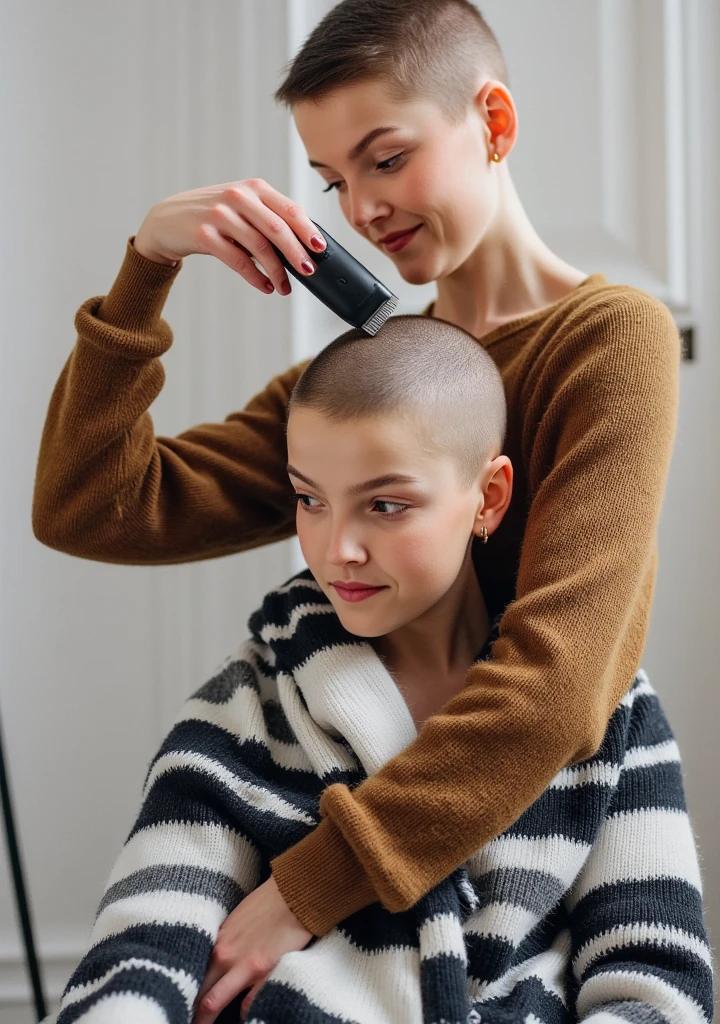 twin sisters, the bald sister using hair clippers shaves the head of the long hair sister half her head is shaved
