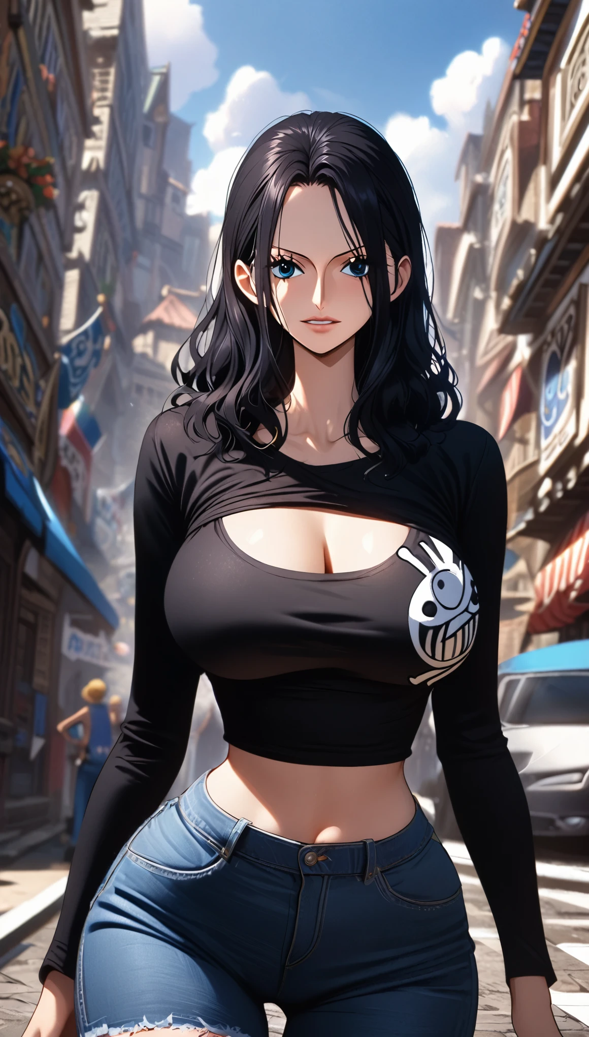 masterpiece, best quality), intricate details, 1 girl, woman, black hair, nico robin \ (one piece\), (medium hair), black crop top t-shirt long sleeve, large breast, short jeans, female focus, outdoors, city, looking at viewer, ((front view)) ((close up shot)) ((solo)) detailed, very high resolution, no blurry image, full body, blue eyes, straight hair, ((nico robin from one piece)) ((female nico robin from one piece)), outdoors, city