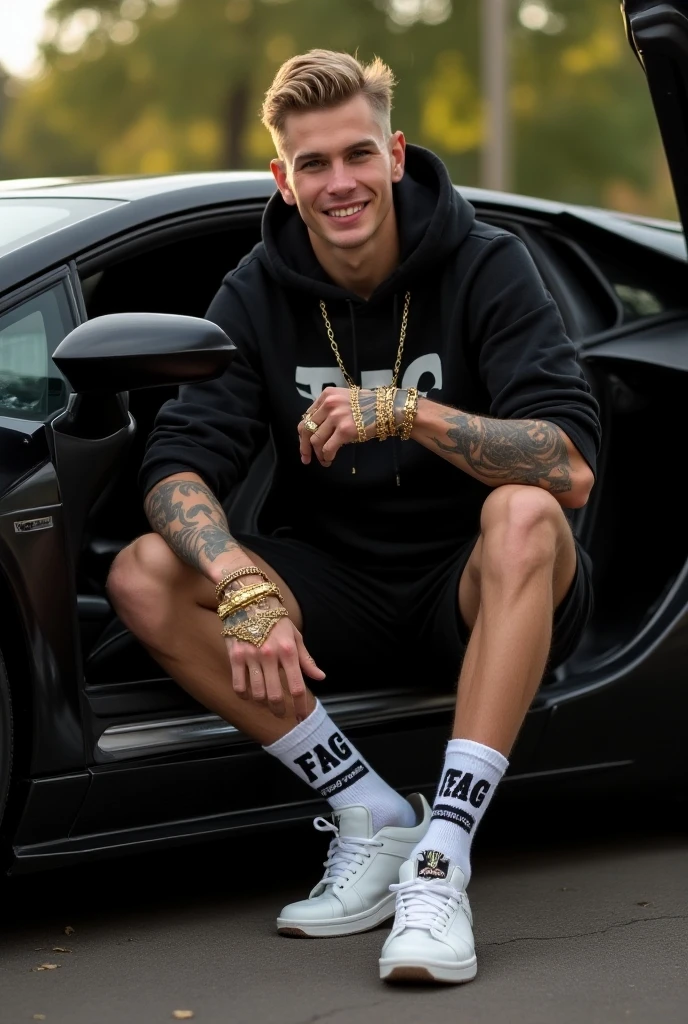 realistic photo, full length view, of a blond young handsome fashion guy with short clean undercut fashion styled haircut ,  golden teeth, wearing  white  'FAG' big  logo socks, black hyper-fashioned sneakers, black shorts, black hoodies, lots of rings, bracelets, necklaces, happy, posing, looking arrogant, seatted in sport luxurious Lamborghini black and gold car. 'FAG' big logo socks and golden teeth must be seen