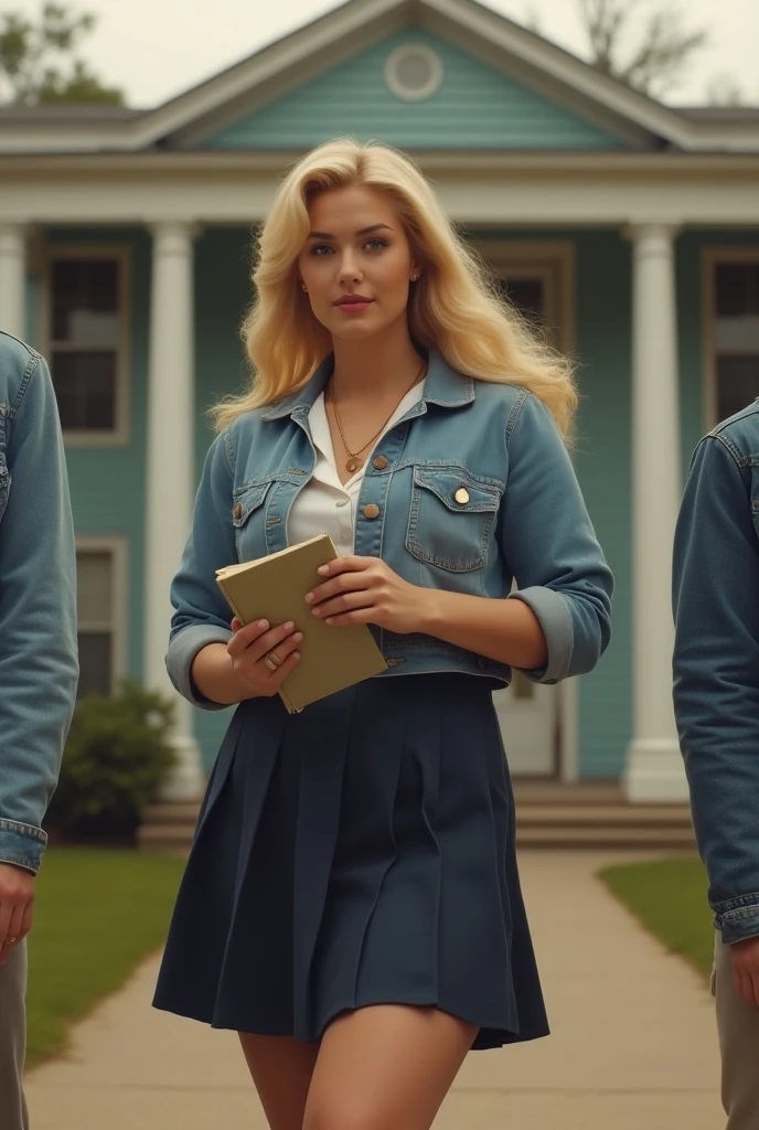full body, girl in high waist jeans, blonde hair, big puddle of urine on the floor between her legs, urine flooding from her jeans, age, humiliated, tears, blush, standing, classroom, facial embarrassment expression, crying, urine puddle between shoes, wet urine stain on jeans, leather jacket