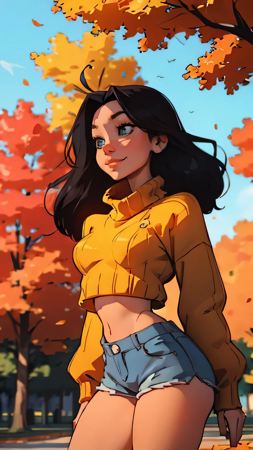 1girl, long hair, ahoge, dark blue hair, blue eyes with purple rings, pastel colors, cropped yellow and black sweater, short shorts, medium breasts, smiling, autumn leaves, park