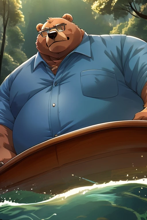 （（Being overweight））（ bear beast man with glasses)（teacher、Blue Shirt)(Leaning forward)、(Lake in the forest、Canoe boat ride）(Close up from right below )