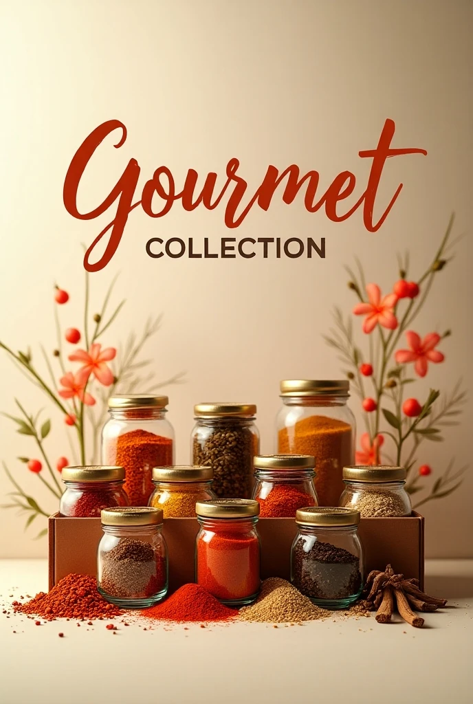 Gourment Collection, ((masterpiece, highest quality, Highest image quality, High resolution, photorealistic, Raw photo, Extremely detailed CG unified 8k wallpaper)), A poster photo announcing the event, with a large “Gourmet Collection” written on it, and a set of jars of various types of spices arranged in a box,