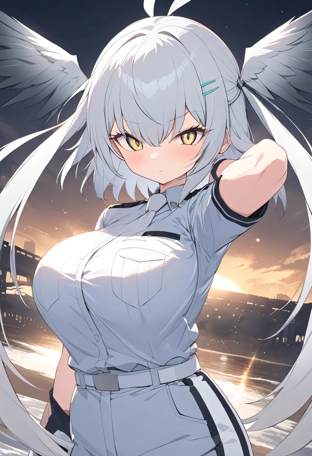 Kemono Friends, Shoebill, Gray hair, ((It has large gradient wings growing on both sides of its head)), yellow dyed hair tied with a hair clip next to the left ear, gray summer security uniform, white tie, V-cut bangs, sharp eyes, (huge breasts)