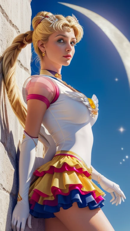  masterpiece , : 1.3, standing, 8K, 3D, actual, Ultra-micro shots, quality, Extreme Detail CG Unity 8K Wallpapers, from below,  complicated details , (1 female), 1, (Sailor Moon supersailor moon mer1, tiara crown, Sailor Soldier Sailor Suit: 1.2, The moon marinera: 1.2), Incredibly long bright blonde ponytails, delgado and long straight twin ponytail blond hair, hair bun, Red and round bow-shaped hair accessories, warrior sailor suit, (blue collar, blue sailor collar , Pre-door blue miniskirt: 1.3, There is a big red bow on the chest.: 1.3, Guantes longs de látex blancos: 1.3, Elbow colored gloves, There is a big red bow on the back of the waist.: 1.1, It looks big, golden tocado, Details of the earrings: 1.5, bright blue eyes ,  pretty face , beautiful eyes, bright eyes, thin lips: 1.5, delgado, pale, pointed eyebrows, long,  black eyelashes , double eyelashes), Luxury gold jewelry, delgado, Slim and muscular, Miserable shape, ,  perfect proportions , big breasts slim waist, Sexy model pose, Visible Pore, lustful smile, perfect hands: 1.5, Traje de baño standingrnas altas, Very thin and tight, High-gloss white holographic leather, octaneratingrendering, very dramatic image, intense natural light, sun rays, Exquisite lighting and shadows, dynamic angle, SLR camera,  sharp focus : 1.0, Maximum definition and sharpness , (space backdrop, Moonlight rays, The moon, Dynamic background, detailed background)
