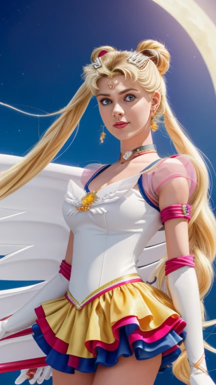  masterpiece , : 1.3, standing, 8K, 3D, actual, Ultra-micro shots, quality, Extreme Detail CG Unity 8K Wallpapers, from below,  complicated details , (1 female), 1, (Sailor Moon supersailor moon mer1, tiara crown, Sailor Soldier Sailor Suit: 1.2, The moon marinera: 1.2), Incredibly long bright blonde ponytails, delgado and long straight twin ponytail blond hair, hair bun, Red and round bow-shaped hair accessories, warrior sailor suit, (blue collar, blue sailor collar , Pre-door blue miniskirt: 1.3, There is a big red bow on the chest.: 1.3, Guantes longs de látex blancos: 1.3, Elbow colored gloves, There is a big red bow on the back of the waist.: 1.1, It looks big, golden tocado, Details of the earrings: 1.5, bright blue eyes ,  pretty face , beautiful eyes, bright eyes, thin lips: 1.5, delgado, pale, pointed eyebrows, long,  black eyelashes , double eyelashes), Luxury gold jewelry, delgado, Slim and muscular, Miserable shape, ,  perfect proportions , big breasts slim waist, Sexy model pose, Visible Pore, lustful smile, perfect hands: 1.5, Traje de baño standingrnas altas, Very thin and tight, High-gloss white holographic leather, octaneratingrendering, very dramatic image, intense natural light, sun rays, Exquisite lighting and shadows, dynamic angle, SLR camera,  sharp focus : 1.0, Maximum definition and sharpness , (space backdrop, Moonlight rays, The moon, Dynamic background, detailed background)
