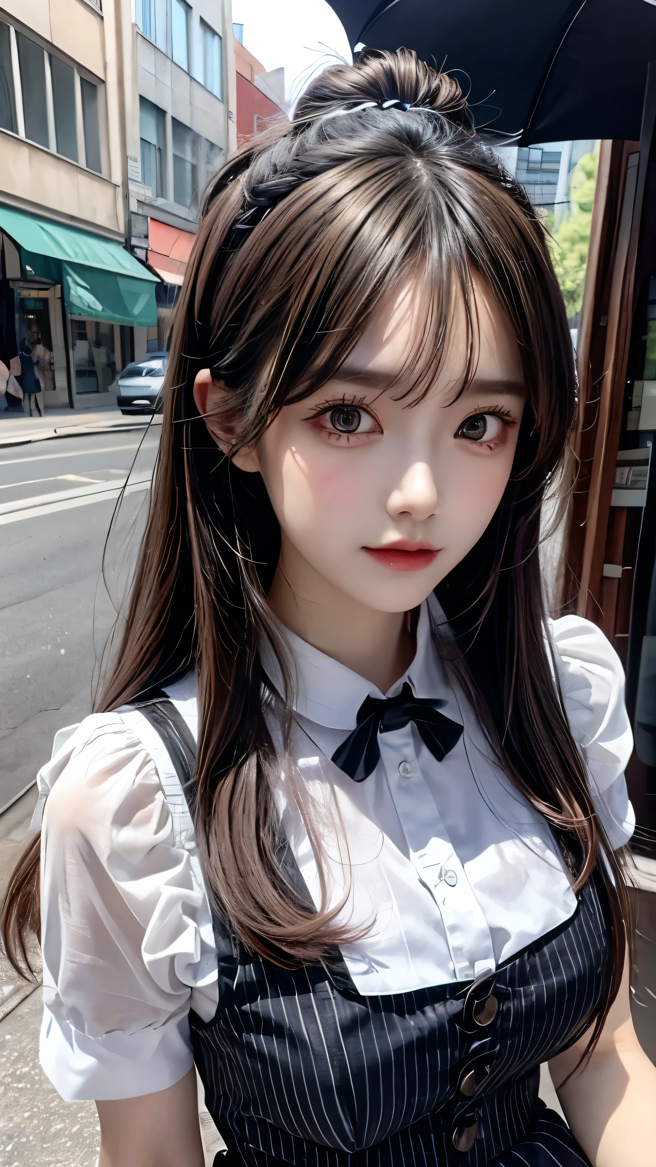 Highest quality, (Realistic:1.2), One girl, alone, Detailed face, Face Focus, Are standing, Black Hair,(hair ornaments:1.35),office lady, Sleeves edged with ribbon, Removable sleeves, Ribbon trim, Wide sleeves, (View your viewers:1.5) Long Hair, Iris, bangs, lips,