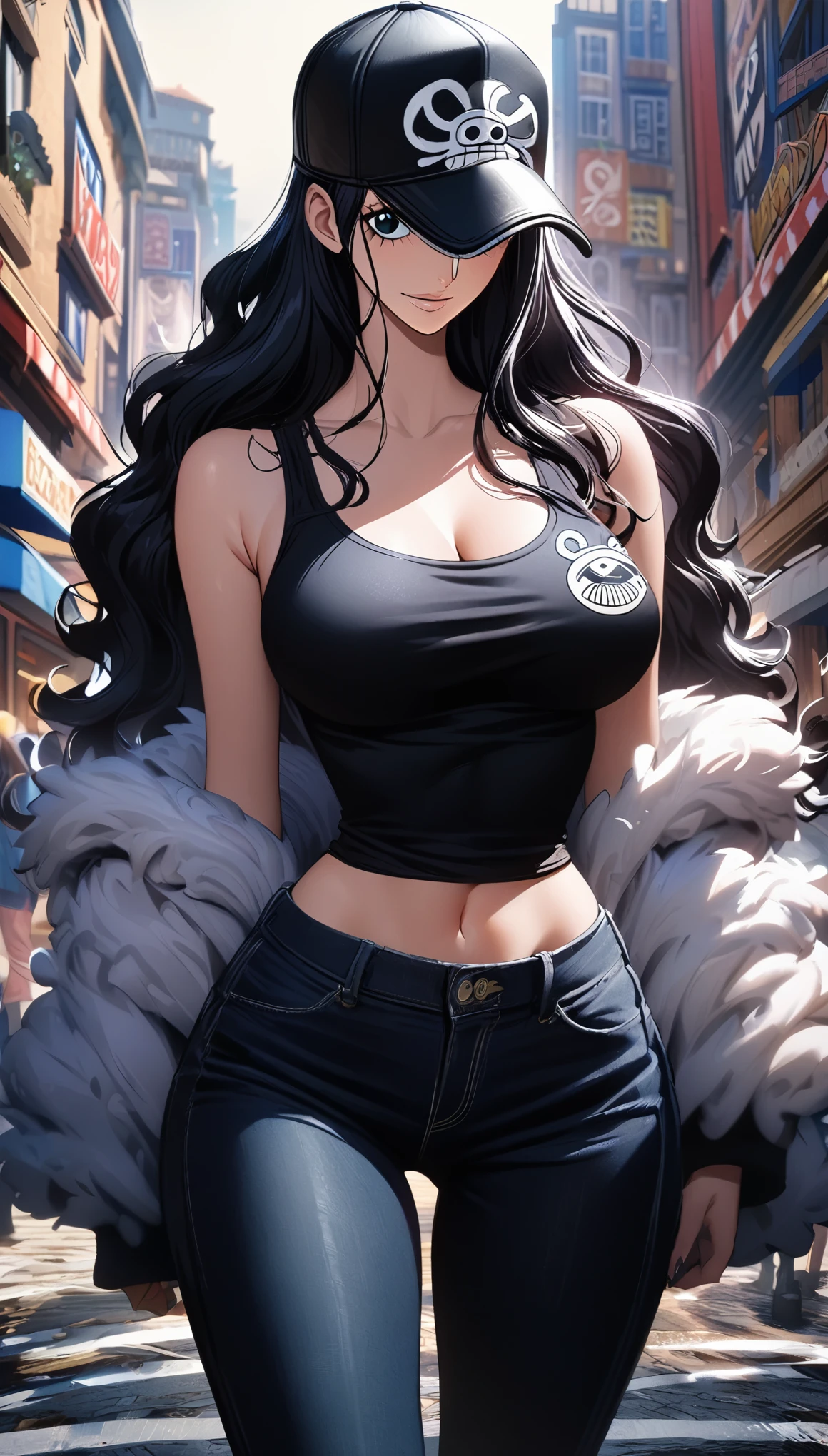 masterpiece, best quality), intricate details, 1 girl, woman, black hair, nico robin \ (one piece\), (long hair), baseball cap, black tank top, open fur jacket, large breast, black jeans, female focus, outdoors, city, looking at viewer, ((front view)) ((close up shot)) ((solo)) detailed, very high resolution, no blurry image, full body, blue eyes, sligh wavy hair, ((nico robin from one piece)) ((female nico robin from one piece)), outdoors, city