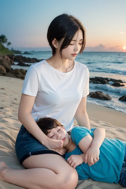 mommy and son, young shirt_less boy peacefully sleeping on his mom's lap, shorts, night time, 1, 1boy, mother and son, lap pillow, s, , beach background 