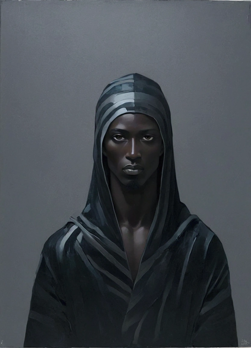 A dark-toned african figurative painting of a male figure, blending abstract and realism. The male figure is partially cloaked in shadows, with light softly illuminating parts of his form. Abstract shapes and patterns surround him, merging with his figure, symbolizing introspection and resilience, overlay Color curve，The color palette is moody with deep blacks, shades of charcoal, and hints of silver, creating a sense of depth and mystery. The artwork captures the beauty of the human form without overtly sexualizing it, using abstract elements to evoke a universal sense of inner strength and reflection."