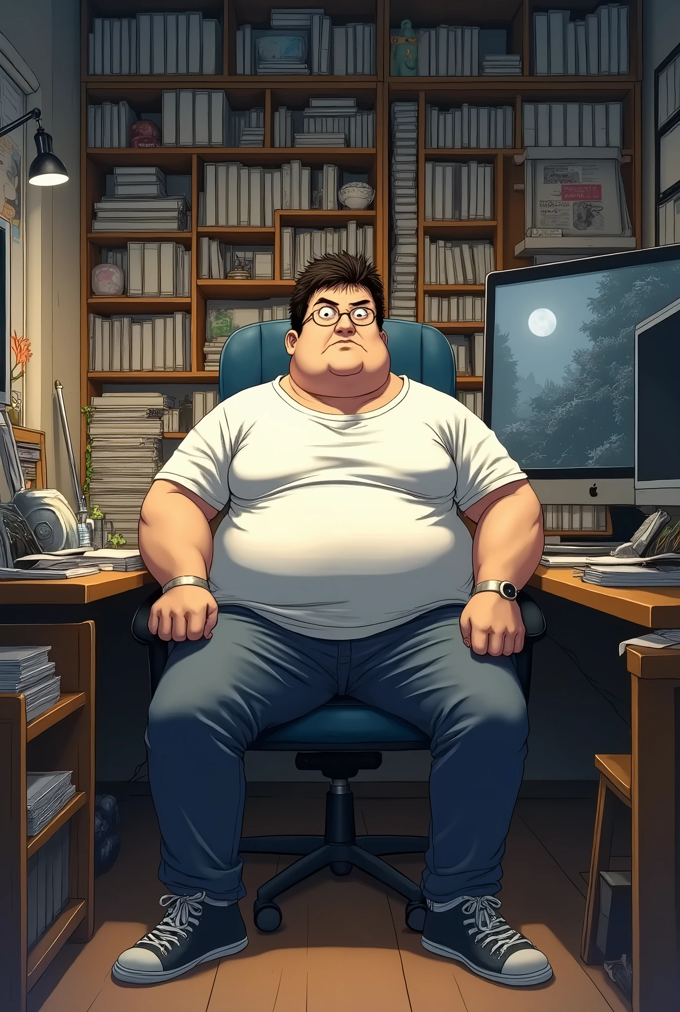 middle aged fat man staring at computer、clutching his crotch, wear tight-fitting briefs, Bare legs, Shirtless, man, (fatness: 0.7), nerdy, Glasses, Shy, Spread legs, In a dusty private room, casual thin hair, Thick neck and fatty round face, Sweating, steam, Solo,