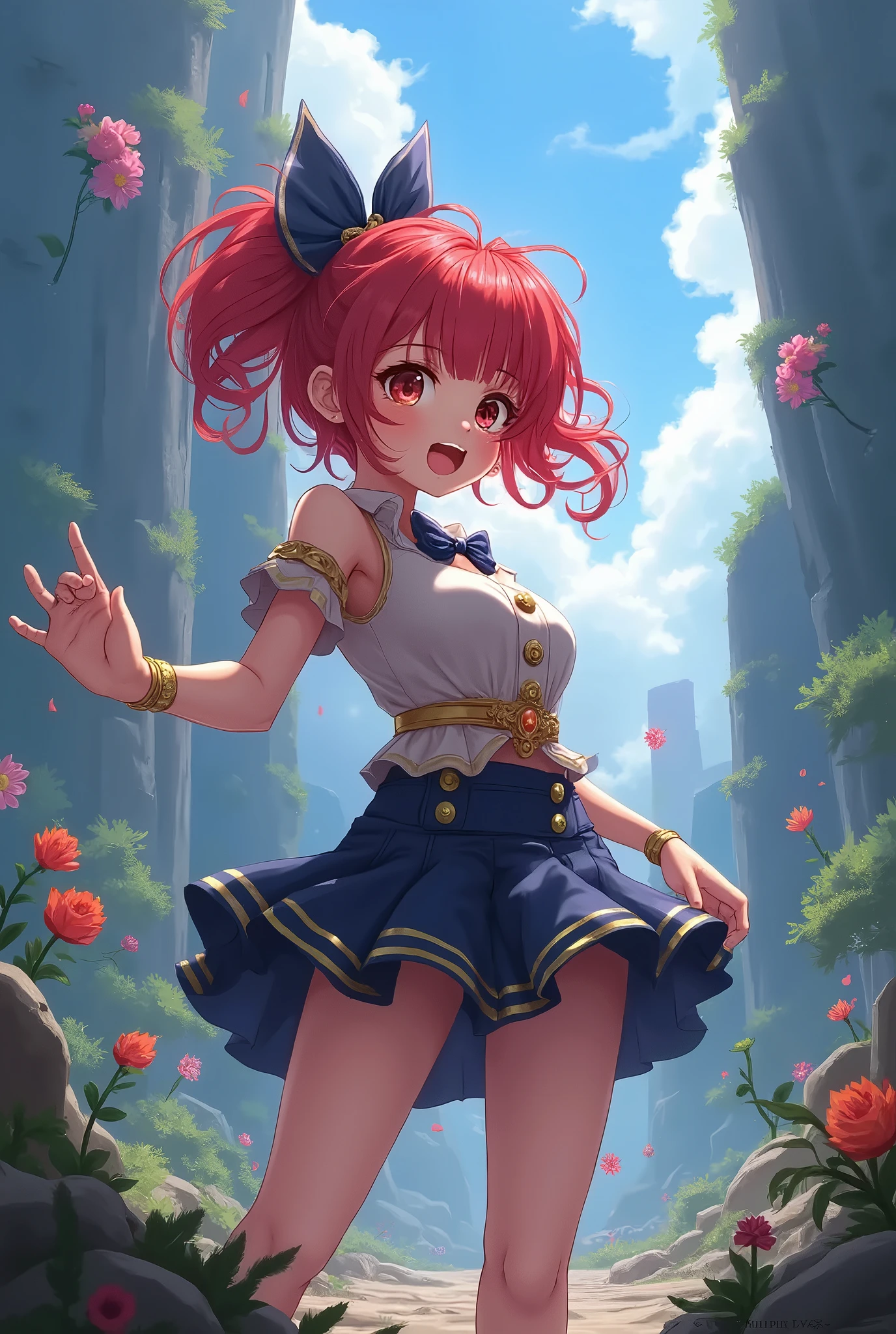 masterpiece, Highest quality, Show Viewer, , (belly button出し:1.2),,smile,arms behind back
One Girl, (Cure Berry:1.1), Pretty Cure, Wrist cuff, Blue Skirt, Side Ponytail, Blue Boots, gem, hair band, Navy Knee Socks, belly button, Blue Ribbon,