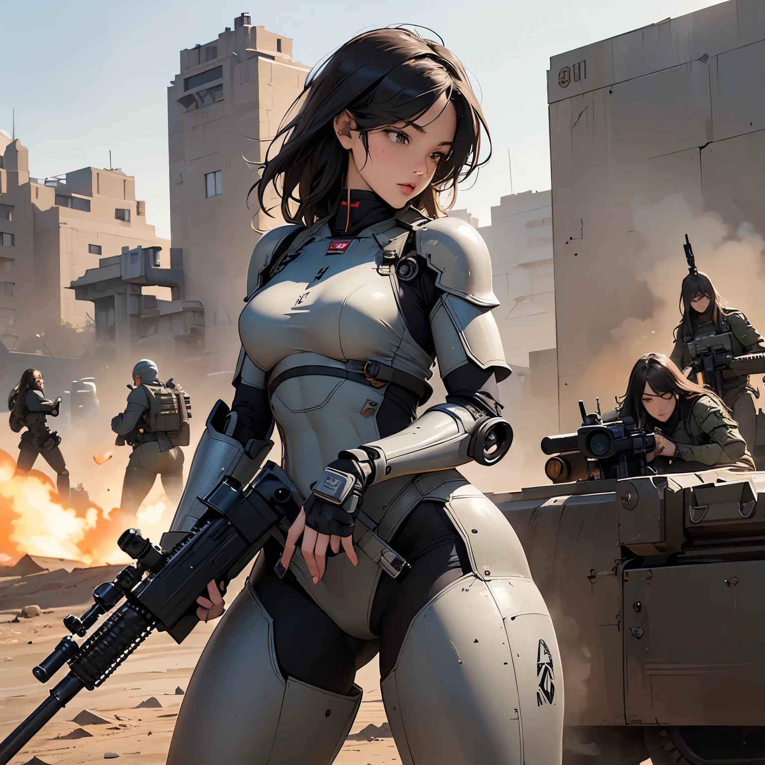 nsfw, anime screencap, 16K, perfect anatomy proportion body, action, A dynamic composition with a sense of speed and movement, (Hold an assault rifle:1.6), a wife, 40age, perfect beautiful delicate sexy face, perfect beautiful delicate eyes, brown hair, short bob hair, gigantic tits, abs, Camouflage-colored heavy armored steam engine full armor powered suit, Many heavily armored robot soldiers are engaged in a firefight in the background., Flying bullets, Ruined City Battlefield, war, Post-apocalyptic,