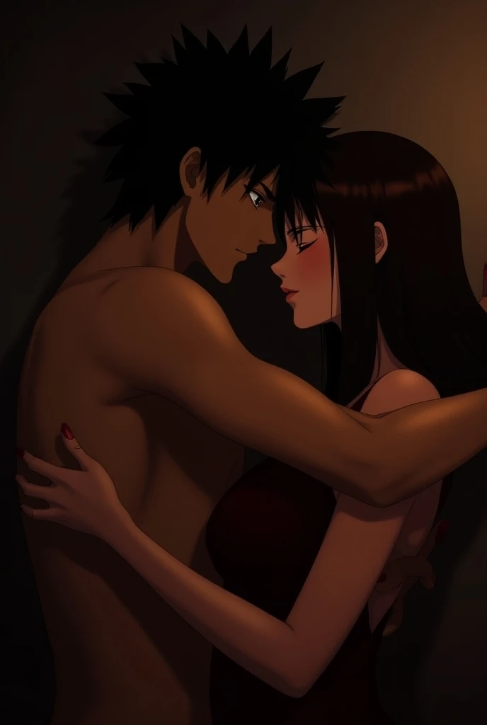 Pale man, long medium black hair and naked kissing and having sex with a pale woman with black hair naked man and woman kissing and making sex