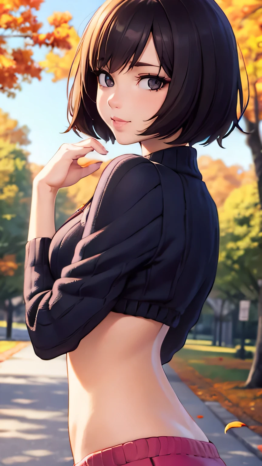 1girl, short hair, bob cut, black hair, black eyes with purple rings, pastel colors, cropped pink and black sweater, short shorts, medium breasts, smiling, autumn leaves, park