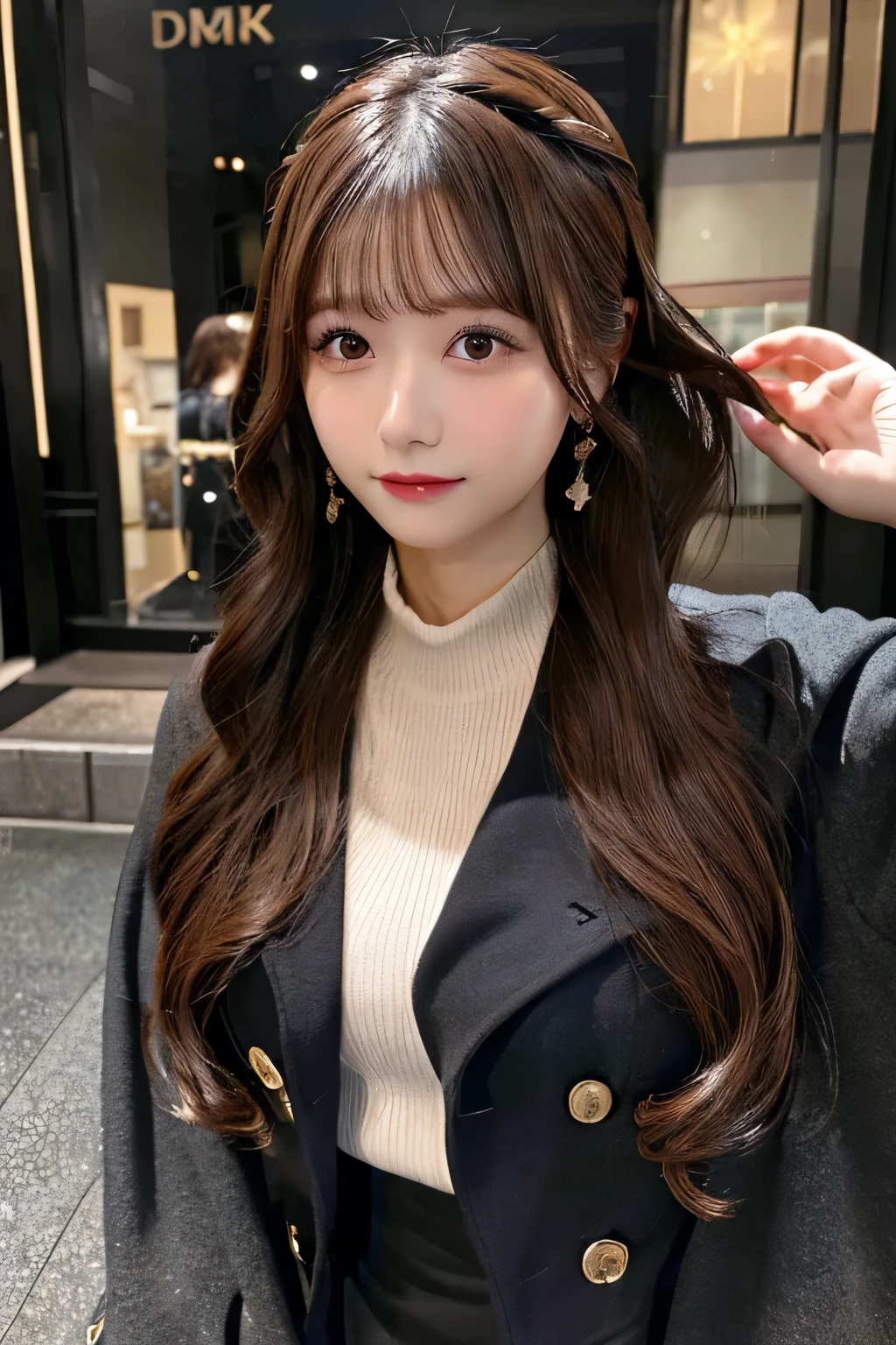 Masterpiece,best quality,high quality,detailed,ultra detailed.4K/8k,Full-HD,high resolution１gitl, medium long hair、Brown Hair、Japanese idol in her 20s 、Plump Cheeks、Trench Coat,black Tulip skirt,