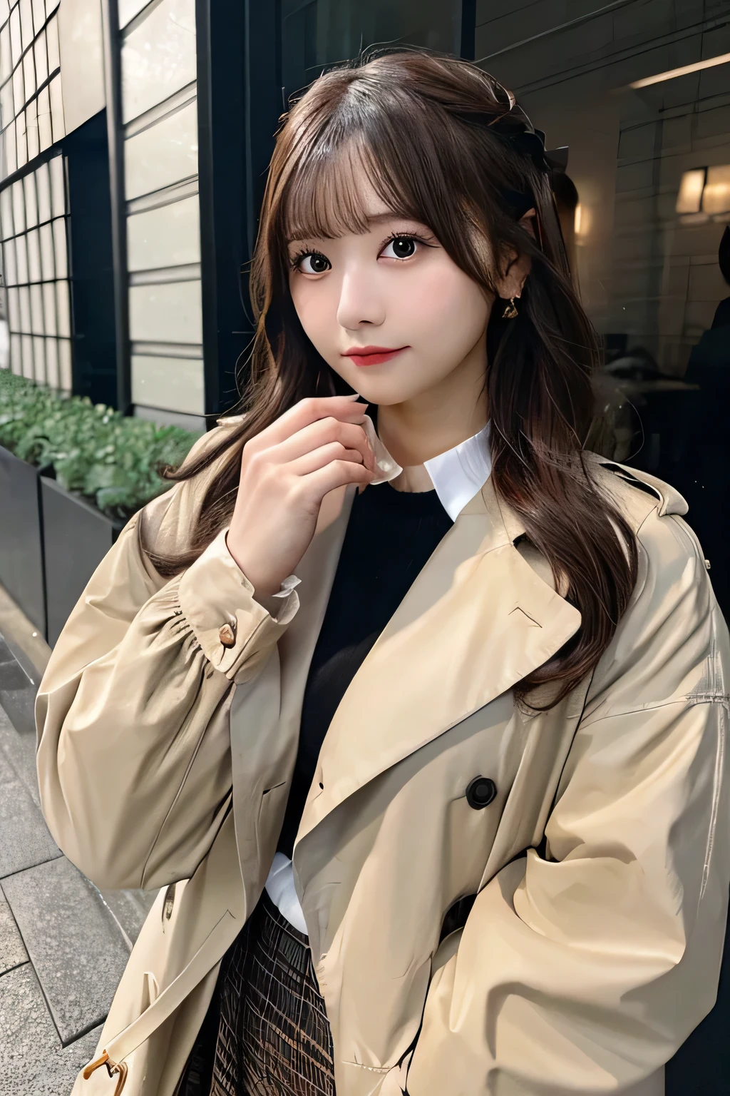 Masterpiece,best quality,high quality,detailed,ultra detailed.4K/8k,Full-HD,high resolution１gitl, medium long hair、Brown Hair、Japanese idol in her 20s 、Plump Cheeks、Trench Coat,black Tulip skirt,