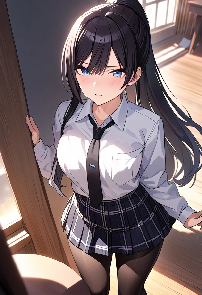 masterpiece,  best quality,  High Resolution , Rin々Beautiful girl、Black Hair、Blue Eyes、High school girl、 ponytail on background、 Beautiful Proportions 、Dress shirt、Long sleeve、Black tie、Grey pleated skirt、 Tartan Check Pleated Skirt、Black Pantyhose、 Black Loafers 