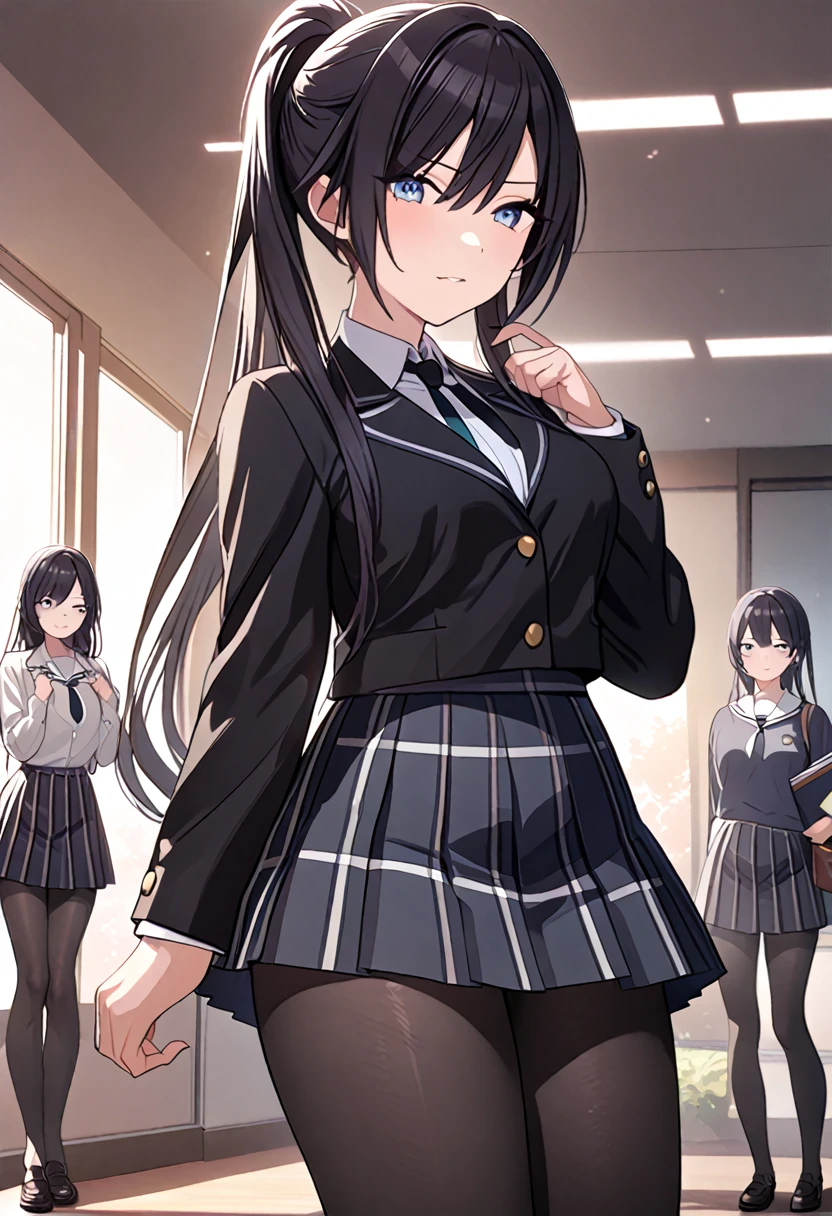 masterpiece,  best quality,  High Resolution , Rin々Beautiful girl、Black Hair、Blue Eyes、High school girl、 ponytail on background、 Beautiful Proportions 、Dress shirt、Long sleeve、Black tie、Grey pleated skirt、 Tartan Check Pleated Skirt、Black Pantyhose、 Black Loafers 