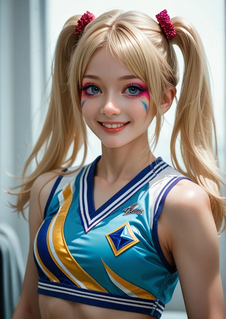 a beautiful charming girl, cheerleader, blonde hair, twin tails, intricate detailed face, beautiful blue eyes, detailed makeup, cute smile, athletic fit body, dynamic action pose, colorful cheerleader uniform, white and blue colors, soft lighting, photorealistic, 8k, best quality