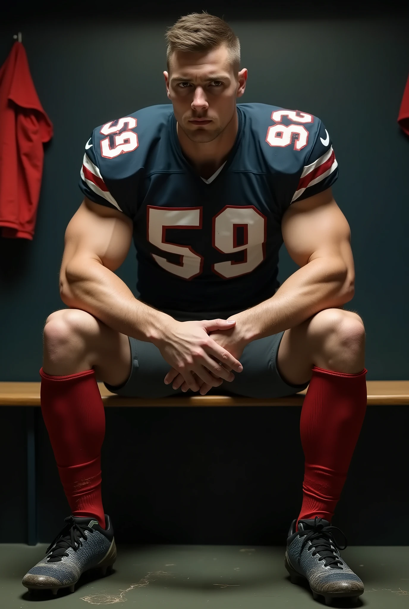 Football player lying on back, on a bench in locker room, half naked, legs are lifted up and ass is visible. Also abs and chest, he is ready to be fucked in ass. Realistic, blond, extremely muscular, sixteen years old