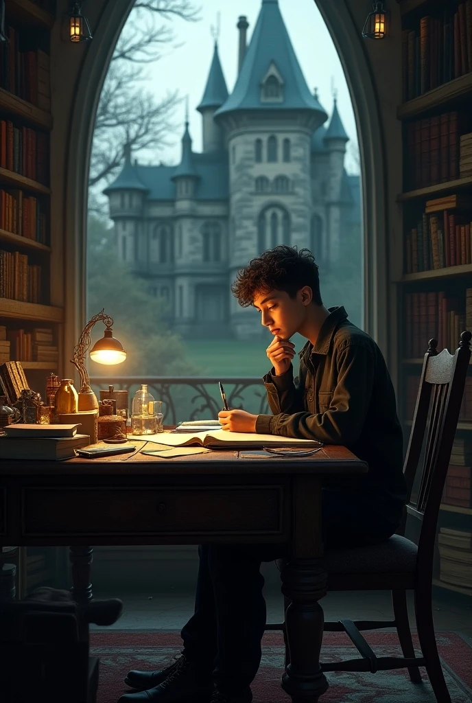 Steampunk London, 2031. ((((16-year-old)) Jess Brightwell)), scottish boy, reading a book in a reading nook, secret attic. ((((casual clothings from the 2030s)))) ((hairstyle of the 2030s))