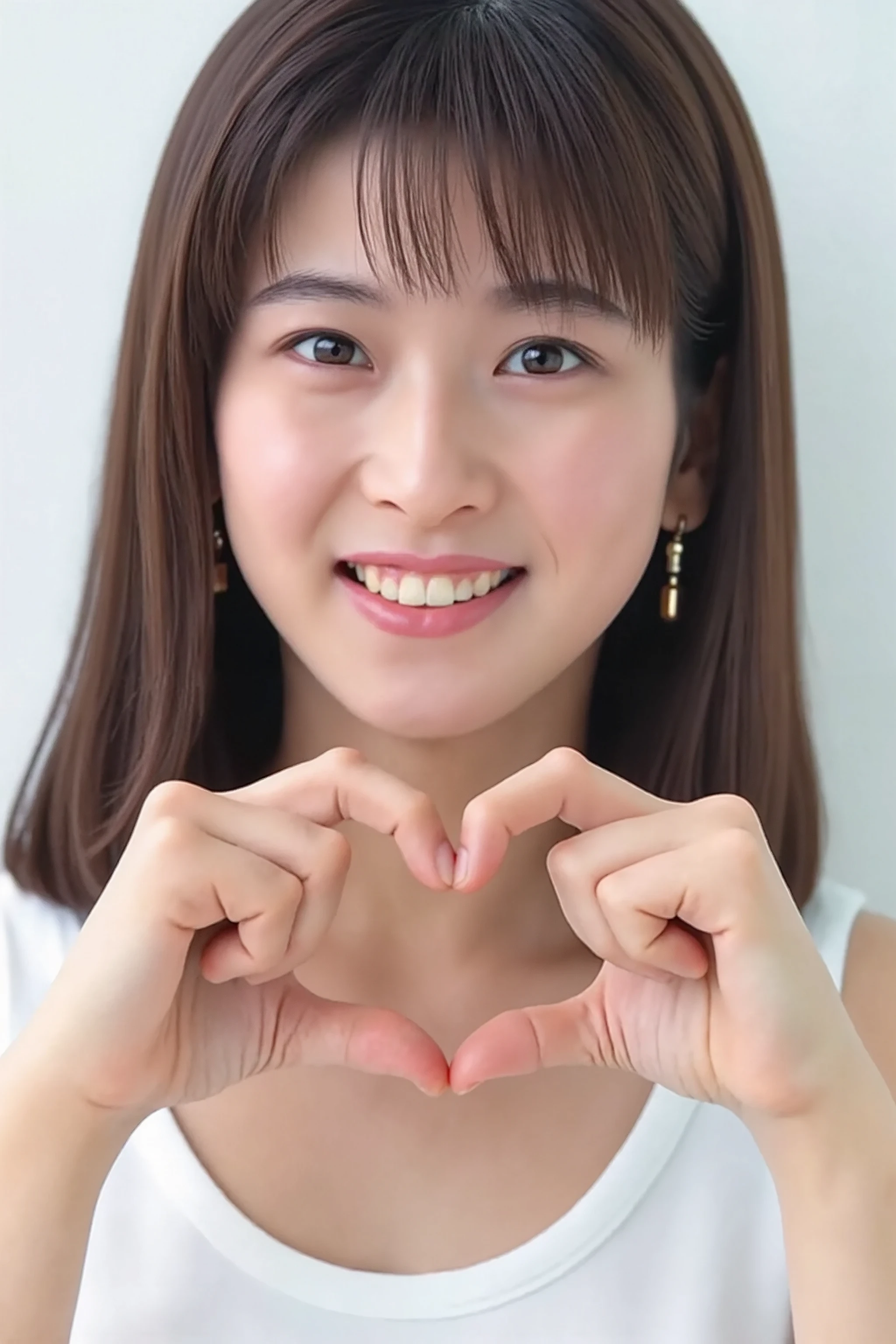  smile making a heart shape with hands:2.0、Tilt your face slightly to the right ;2.1 (Ultra-precise human anatomy ,  best quality、RAW Photos、8k、32K、masterpiece、Realistic、Realistic:1.37)、Cute Japanese women images、Tank tops、Photographed in natural light、  upper body、 1 girl、Photo Mapping、 Physically Based Rendering 、Excellent image quality、 High Resolution 、1080P、(Beautiful Face)、(Detailed description of the face)、( Detailed description of the hand setter&#39;Muscle area)、(Detailed CG)、Rich details、( great features :1.35)、(Detailed eyes)、 I'm looking forward to your eyes、Delicate clavicle、Various poses、非常にリアルで詳細な若い女性の  upper bodyポートレート。The skin is beautiful、 Soft light is reflected in the high part of the cheek  .、 Tiny pores and hair follicles、 Even the tiniest blood vessels are visible。The skin is smooth、Natural flushing of the cheeks、Gives a healthy glow。 The eyes are large and clear blue、 The iris has fine patterning、 Light is reflecting and shining in the eye。 There is a slight shadow under the eye、 Her eyelashes are long and naturally curled。 Her lips are a soft pink color、 Smooth texture and natural glow、 Slightly reflects light。 The woman is wearing a simple white top.、 The background is a pale monochrome gradient.、焦点は完全に顔と  upper bodyに当たっている。Realistic shadows and textures、Photographic depiction.。
