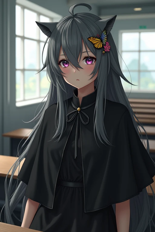 Echidna, Echidna,  colorful lashes, Gray Hair,  Hair between the eyes , Long Hair,  straight hair, ( black eyes :1.5),
break black  capelet, black dress, butterfly  hair accessory ,  capelet, dress,  hair accessory ,
break looking at viewer, Full Body,
break indoors, classroom,
break (masterpiece:1.2),  best quality,  High Resolution ,  unity 8k Wallpaper , (figure:0.8), (  beautifully detailed eyes kept in the car :1.6),   very detailed faces ,  perfect lighting, Extremely detailed CG, (Perfect hands,  Perfect Anatomy),(naked,Spread your legs、The nose is small)