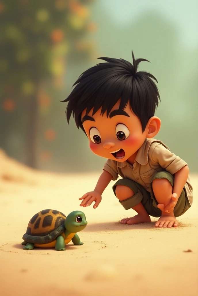 A black Indian boy exitedly looking at turtle eggs 