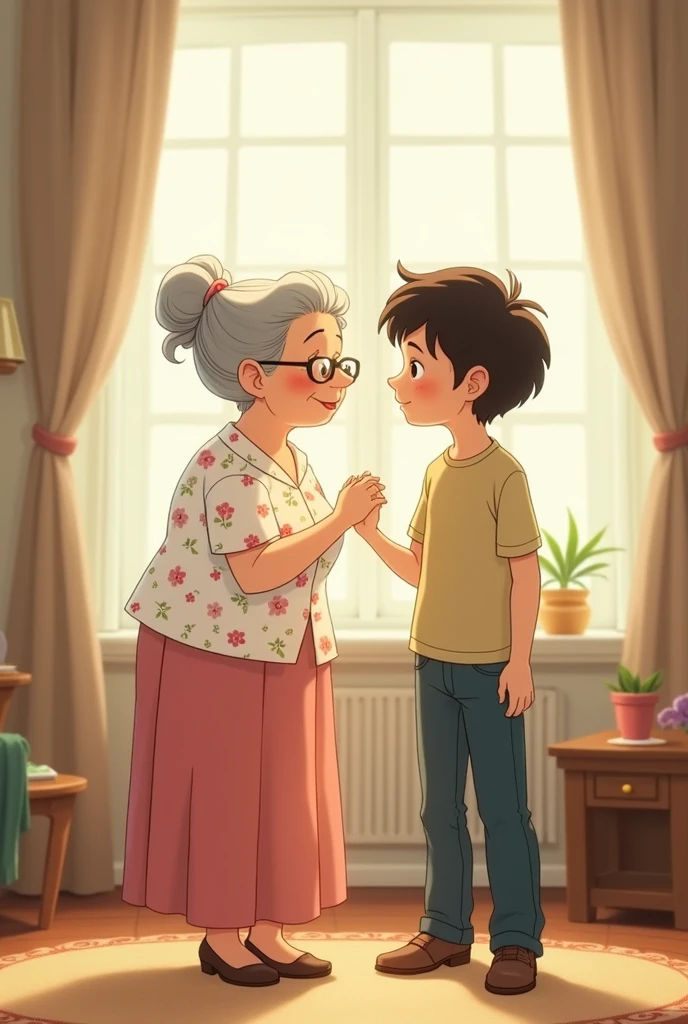 a young boy help grandmother. A detailed scene featuring a young boy. The boy has short, slightly messy dark brown hair and large, expressive eyes with a thoughtful yet determined expression. He wears slightly wrinkled t-shirt, black knee-length shorts, and brown sneakers. On his wrist is a simple watch. A detailed scene featuring a grandmother, white shoes.