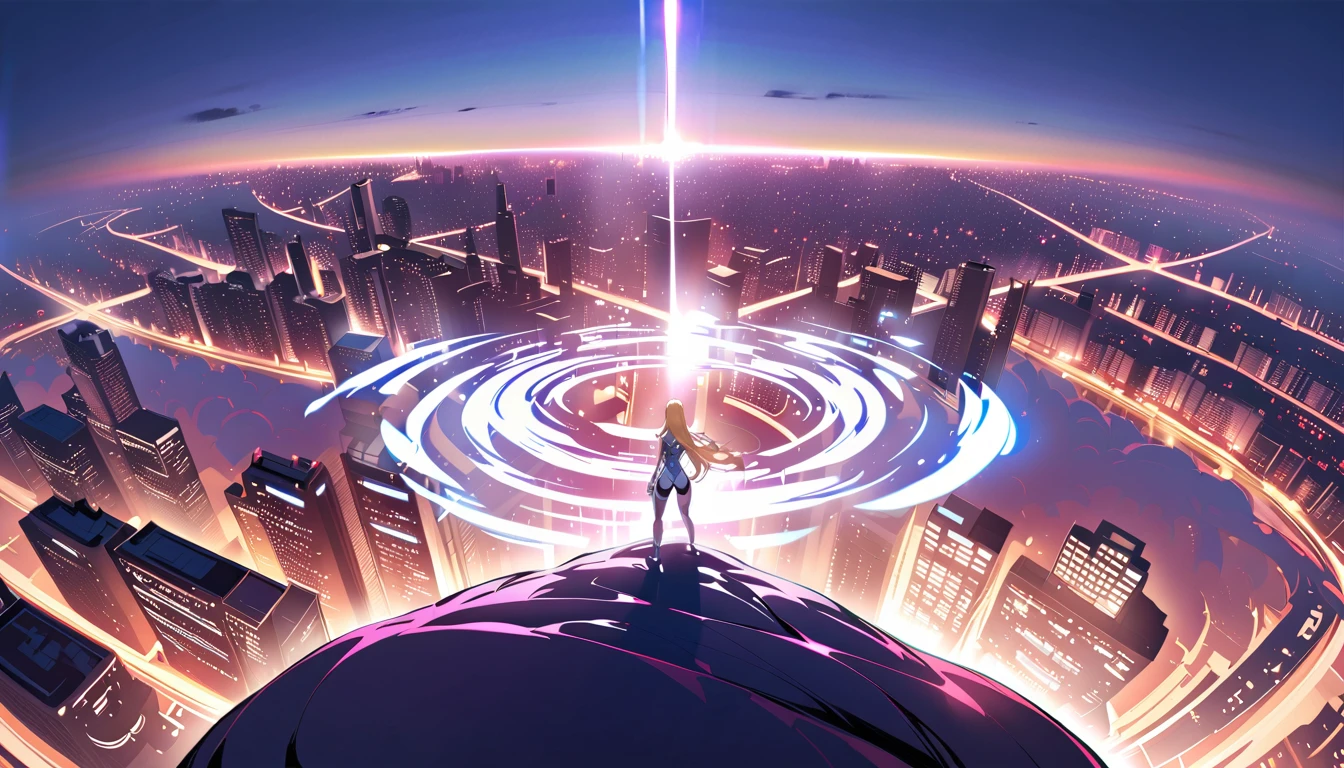 girl masterpiece, best quality, high resolution, best detailed, ultra girl, giantess, blonde hair, straight hair, shiny hair, bodysuit, blue and silver bodysuit, red gem on chest, full body, fighting stance, making fists, a lot sweat, many tentacles,  breezing white breath, detailed background, cityscape, buildings, beam effects  from tentacles,