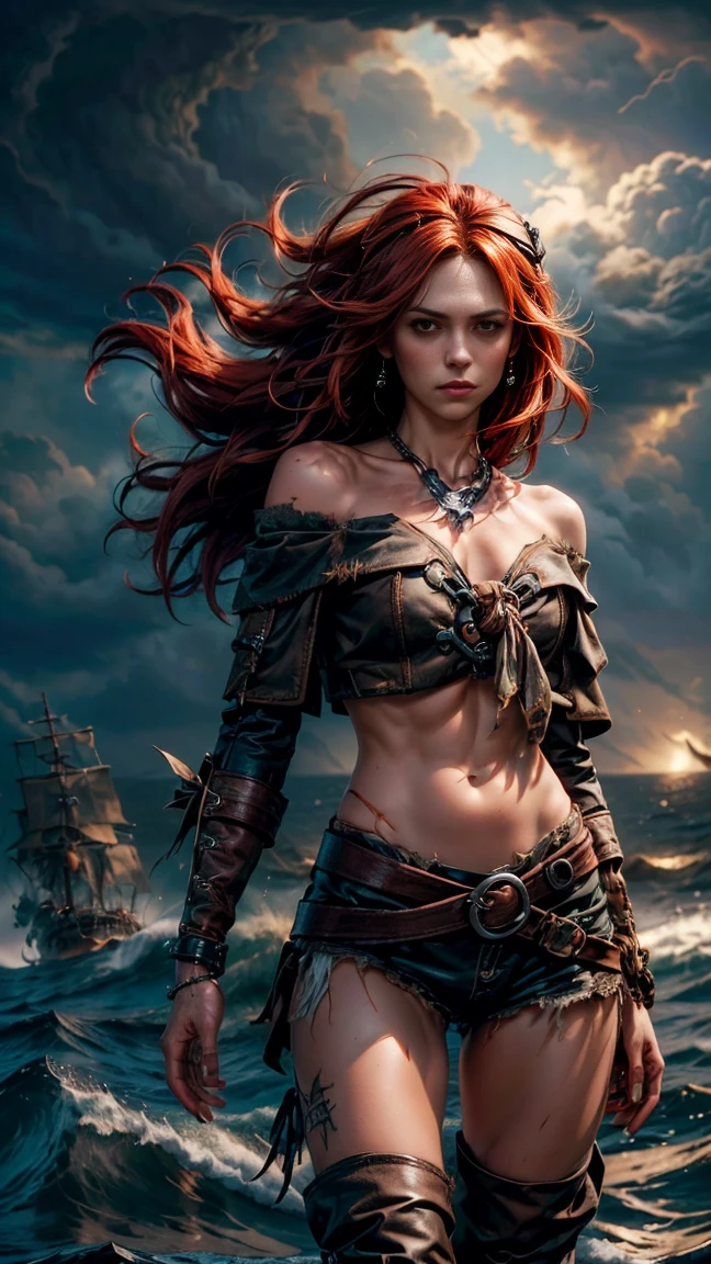 "(RAW shooting:1.5, realistic:1.5, 8K), (highest quality, masterpiece, ultra high resolution), Pirate ship on the stormy sea, ((perfect dynamic composition:1.7)), Highly detailed skin and facial textures:1.3, Detail of limbs, 1 girl, (Seductive pirate with red hair:1.3, beautiful and aesthetic:1.3, Wearing torn pirate clothing with leather accents:1.3), shackled prisoner, fair skin, open stance, (Tattered off-shoulder pirate outfit:1.3), large chest, Do not show nudity, chest gap, (The expression on her face showing intense emotion, wind blowing through her hair), green eyes, seductive face, freckles, blush, (Bewitching:0.9), ((Tied to the ship’s mast:1.5, chains and ropes:1.8, shackled arms and legs:1.2)), super long red curly hair, View from the knee up