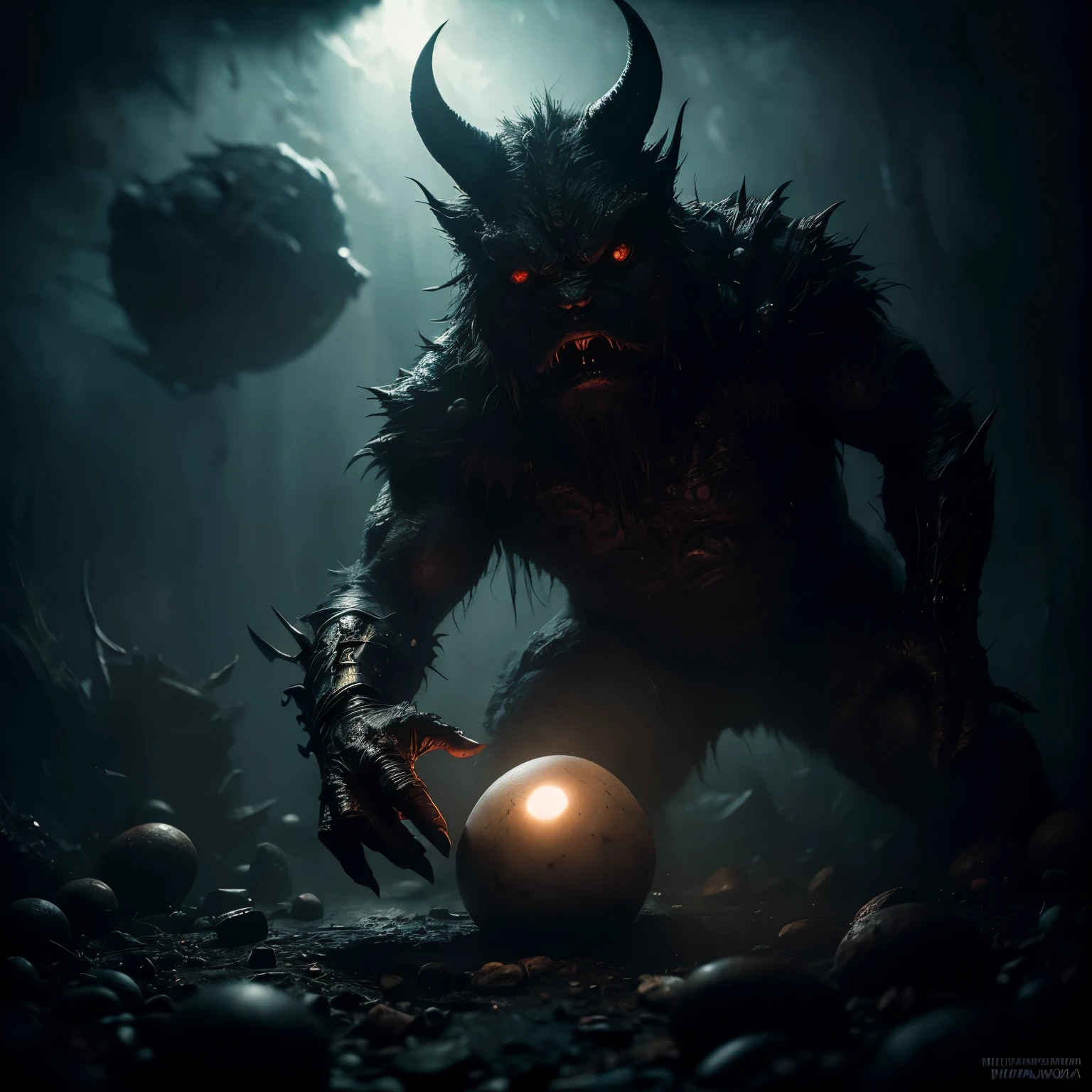 a grotesque monster hatching from a magical furry egg, dark fantasy, Guillermo del Toro style, cinematic lighting, dramatic composition, highly detailed, intricate textures, moody atmosphere, gritty realism, rich color palette, chiaroscuro lighting, supernatural elements, horror vibes, imaginative creature design, powerful presence, ominous mood, masterpiece, photorealistic, 8k