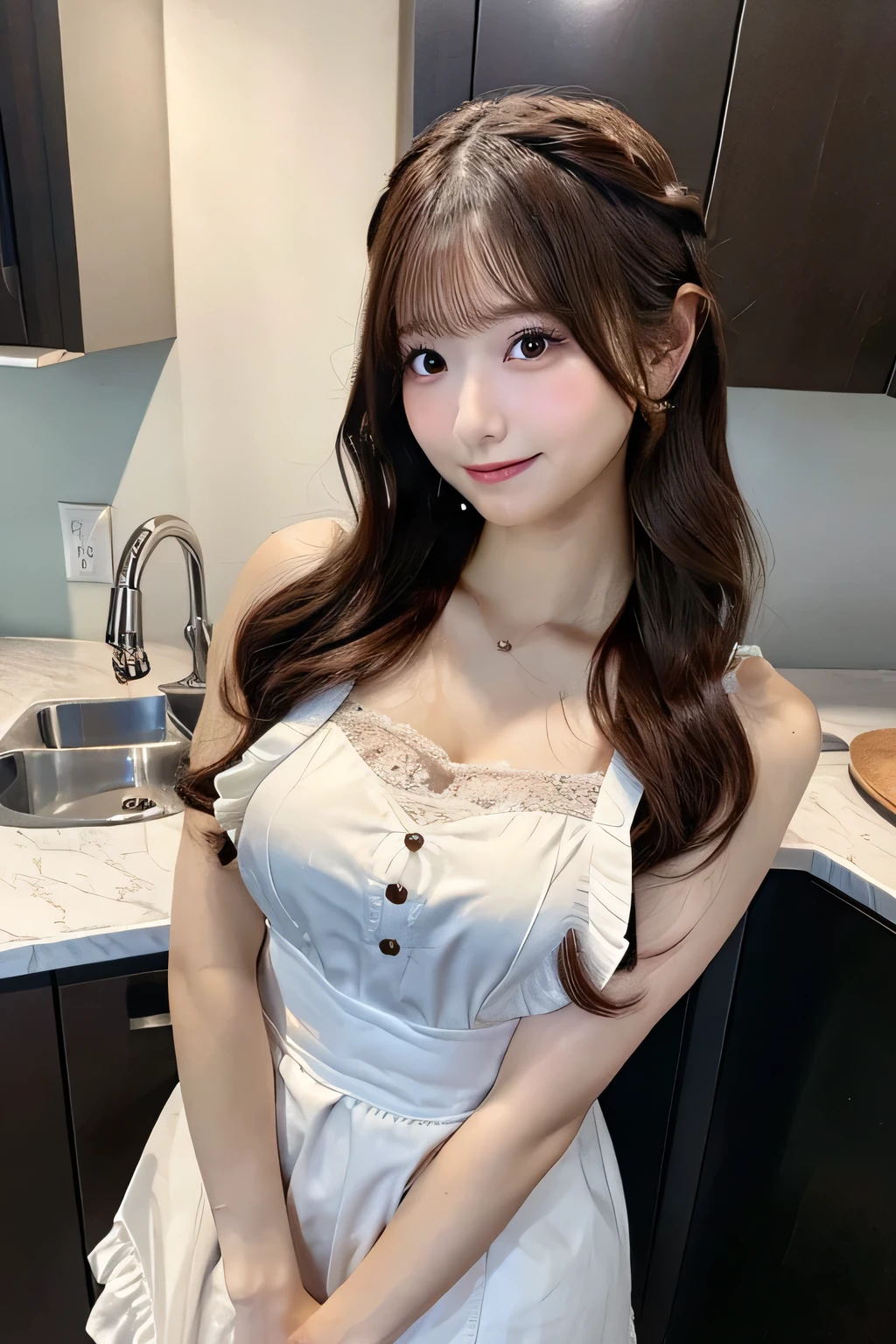 Masterpiece,best quality,high quality,detailed,ultra detailed.4K/8k,Full-HD,high resolution１gitl, medium long hair、Brown Hair、Japanese idol in her 20s 、Plump Cheeks、kitchen,naked lace frill apron,
