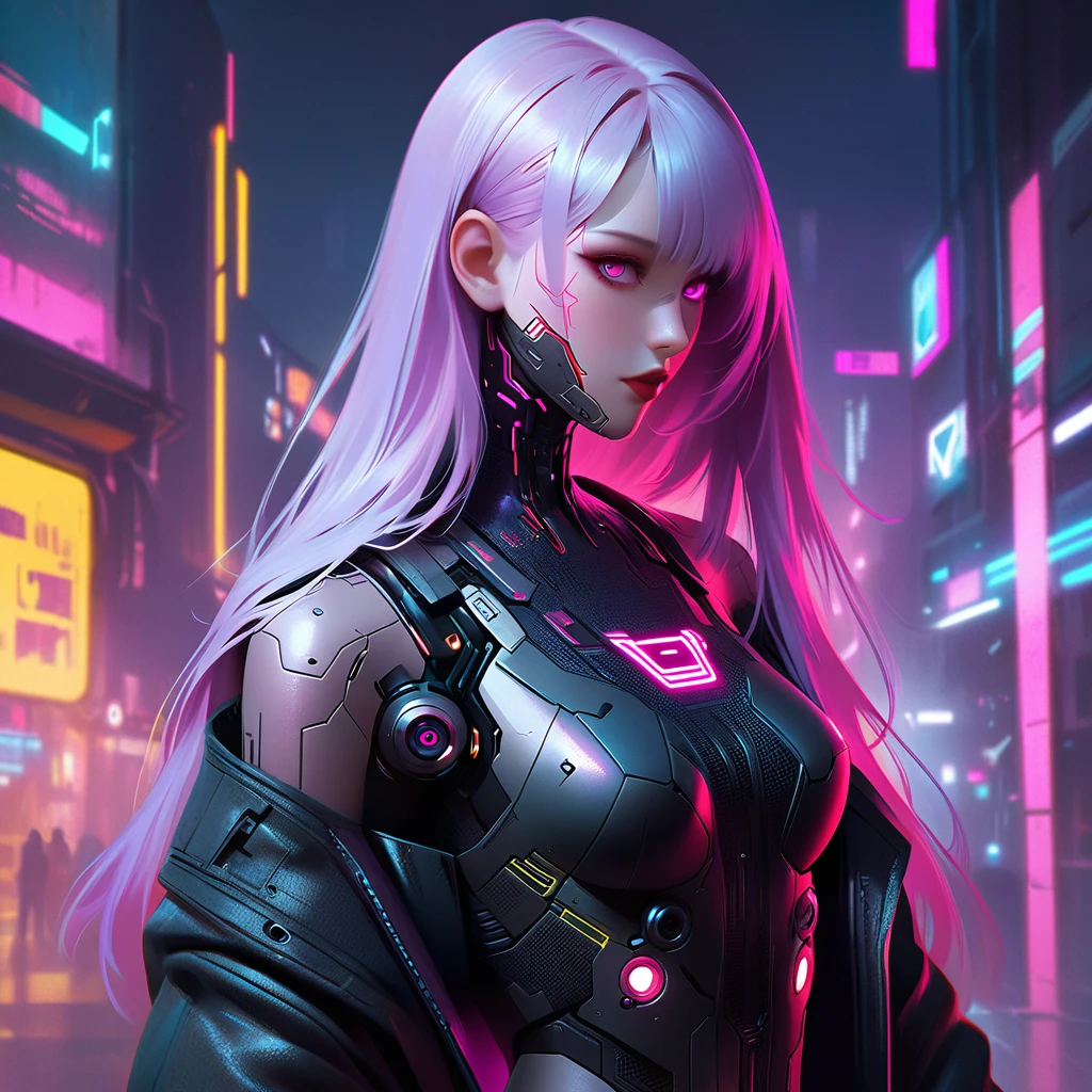 (cyberpunk, realistic illustration:1.4). Sexy cyborg lady, long violet hair, neon pink eyes, perfect figure.