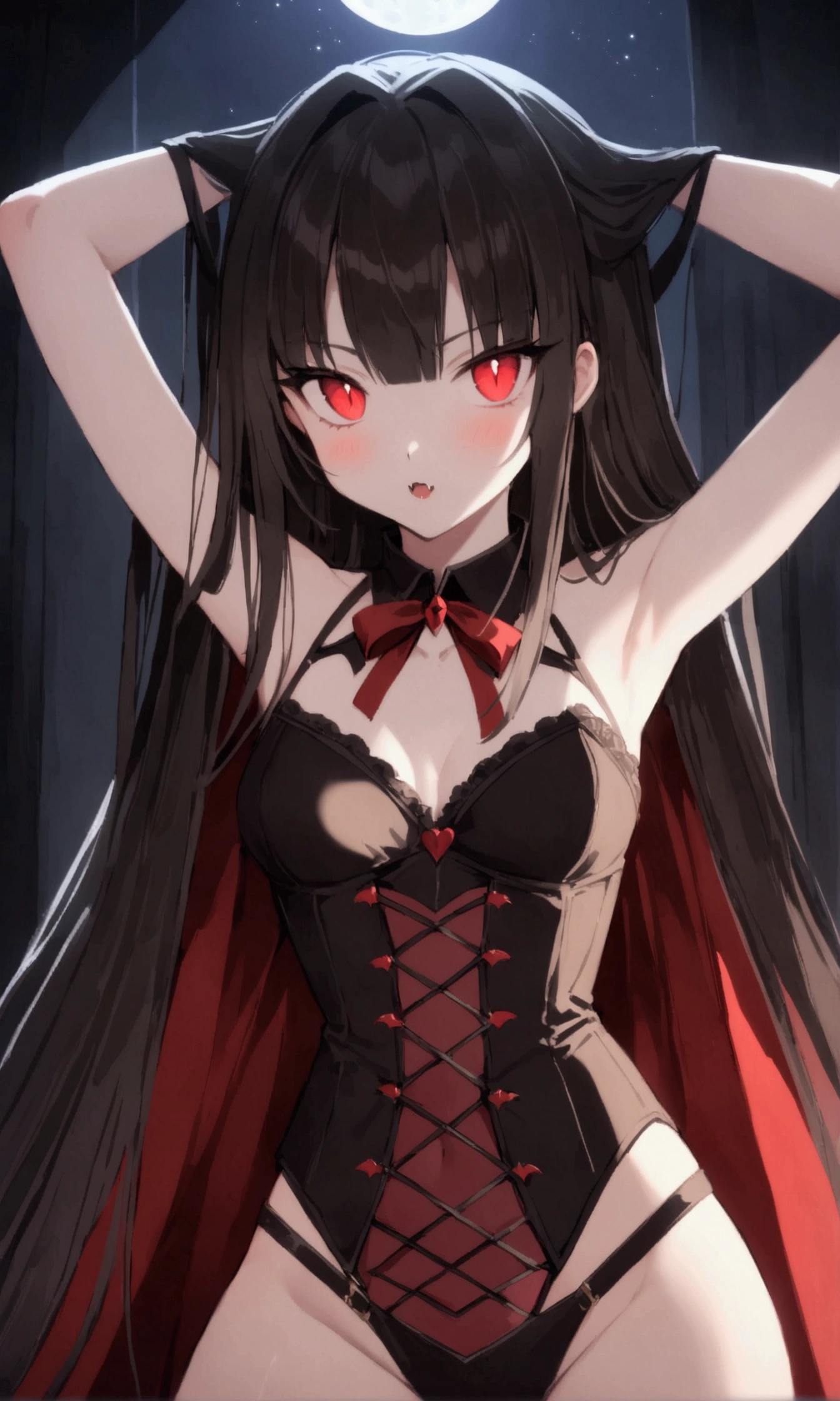 a cute woman (role of Dracula, age 25, sexy vampire outfit, sharp fangs, pale, slick straight hair)m she is in a bedroom with her arms raised menacingly, mesmerizing stare, moonlit night
