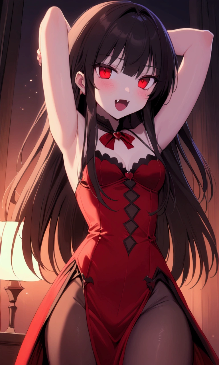 a cute woman (role of Dracula, age 25, sexy vampire outfit, sharp fangs, pale, slick straight hair)m she is in a bedroom with her arms raised menacingly, mesmerizing stare, moonlit night
