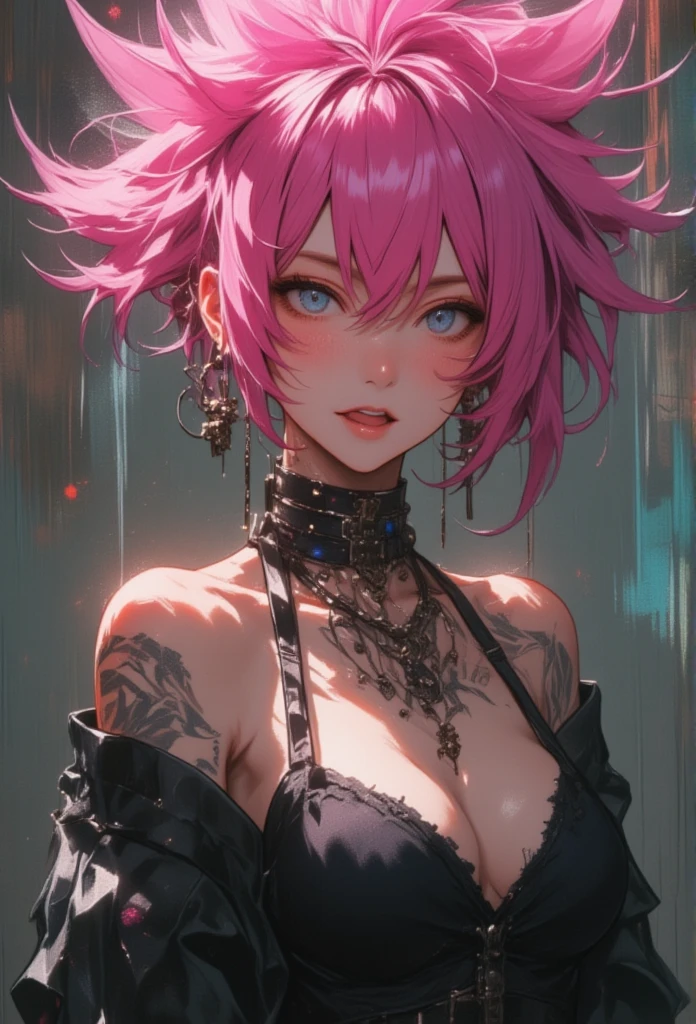 Ultra HD, high resolution, realistic, best quality, masterpiece, (realistic: 1.2), upper body, 1 girl, pink hair, with a tattoo ((short hair in two pigtails)), brown eyes, detailed face, beautiful eyes, detailed eyes, playful, freckles, young, black bikini background, lingerie, medium bust, intricately detailed, elaborate, meticulous, beautiful, maximum details, extremely hyper-aesthetic, looking at the viewer, gray background, masterpiece, Best quality, high quality, high resolution, amazing lighting, detail enhancement, world's most beautiful picture, 8K resolution, stunning inspiration, HD