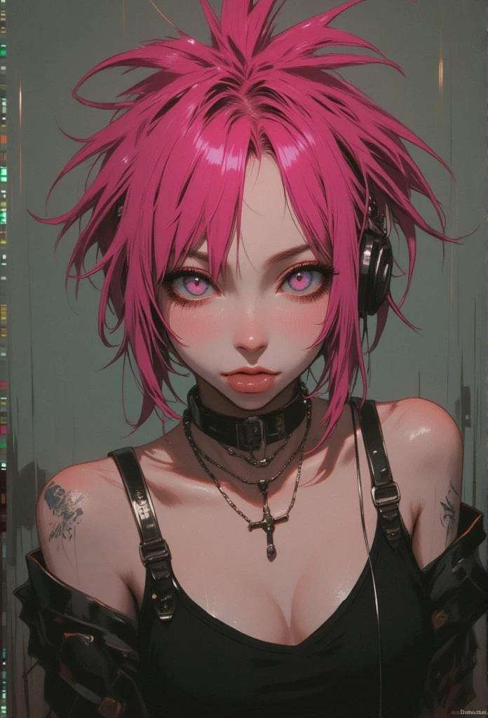 a young japanese woman with an extravagant pink Mohawk, bratty, sticking out tongue, punk rock, muted colors, soft lighting, medium breasts, cleavage, 
