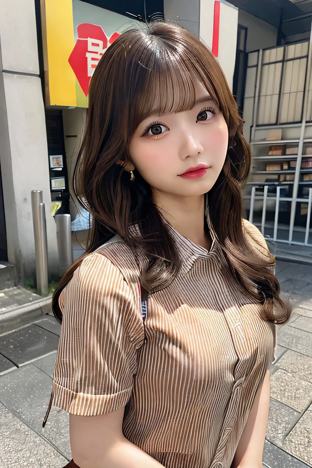 Masterpiece,best quality,high quality,detailed,ultra detailed.4K/8k,Full-HD,high resolution１gitl, medium long hair、Brown Hair、Japanese idol in her 20s 、Plump Cheeks、(convenience store:1.3),convenience store employee uniform, (vertical-striped shirt:1.3),short sleeves, id card,