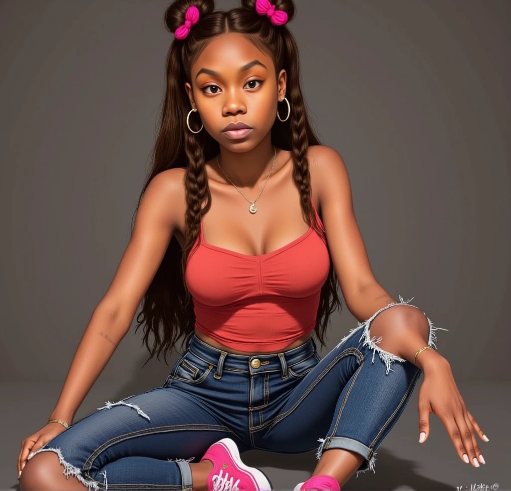 Destini as A dark-skinned black girl with long brown hair in neat triangle box braids, glowing skin, strawberry tube top, baggy jeans, pink Vans shoes, pink and red barrettes in hair, glossy full lips, (best quality,4k,8k,highres,masterpiece:1.2),ultra-detailed,(cartoon mortal Kombat art style ),beautiful detailed eyes,beautiful detailed lips,extremely detailed eyes and face,longeyelashes,portrait,detailed skin texture,dynamic pose,cinematic lighting,vibrant colors,warm color palette