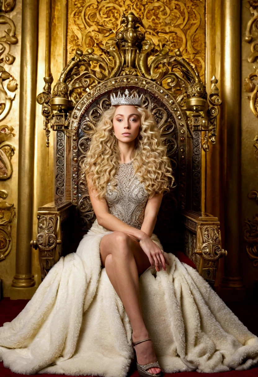 BLONDE WOMAN WITH LONG CURLY HAIR WITH CROWN ON A MAJESTIC THRONE